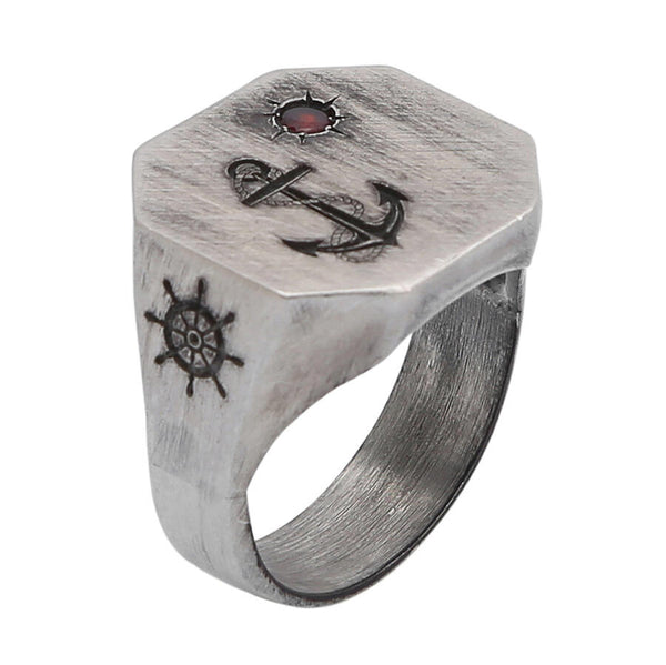 Silver Octagonal Anchor Rudder and Moon Star Mini Red Zircon Stone Mens Ring