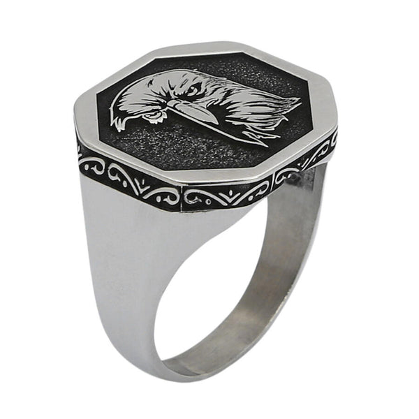 Silver Octagonal Eagle Motif Mens Ring Linear Patterned