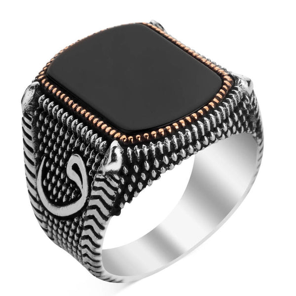 Silver Arabic Letter V Mens Ring with Black Onyx Stone
