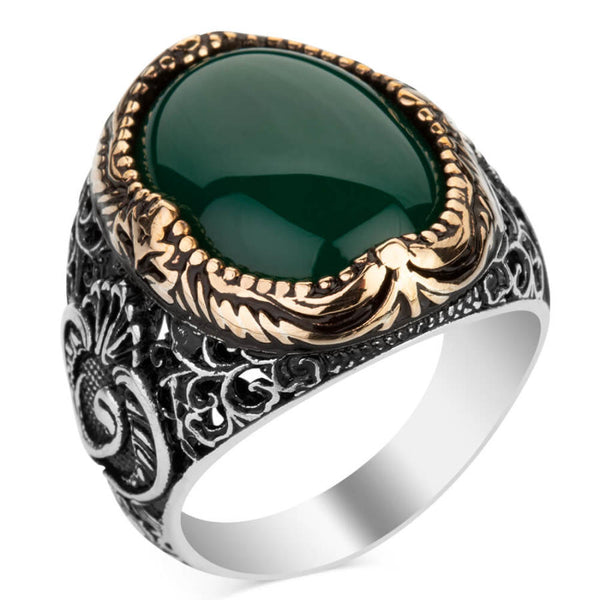 Sterling Silver Arabic Letter E Mens Ring with Green Agate Stonework