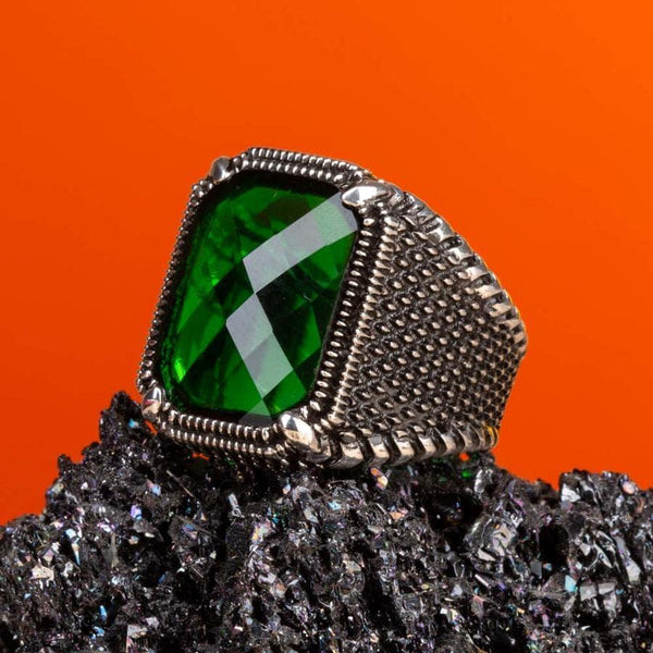 Silver Mens Ring with Green Zircon Stone